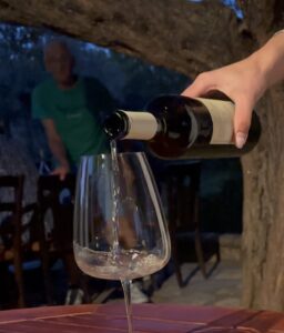 שמן יין אדום מונח על שולחן חם באיטליה, זוגות נהנים מטעימות יין באירוע יין באלבניה.